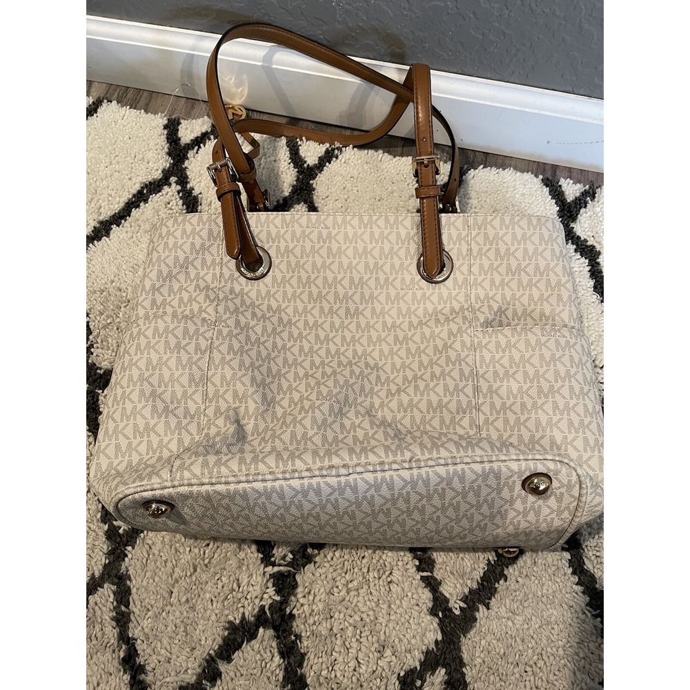 Michael Kors Purse Jet Set Travel Tote Cream And Brown Logo Canvas Gold Hardware
